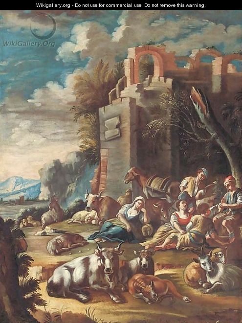 An Italianate landscape with peasants resting with cattle and sheep amongst ruins - (after) Domenico Brandi
