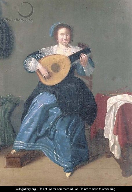 An elegant woman playing the lute in an interior - (after) Dirk Hals