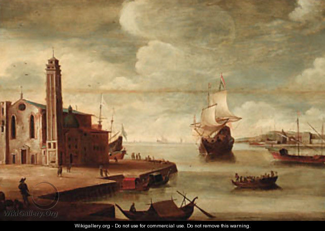 An Italianate harbour with a church on a quayside - (after) Dirck Verhaert