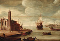 An Italianate harbour with a church on a quayside - (after) Dirck Verhaert
