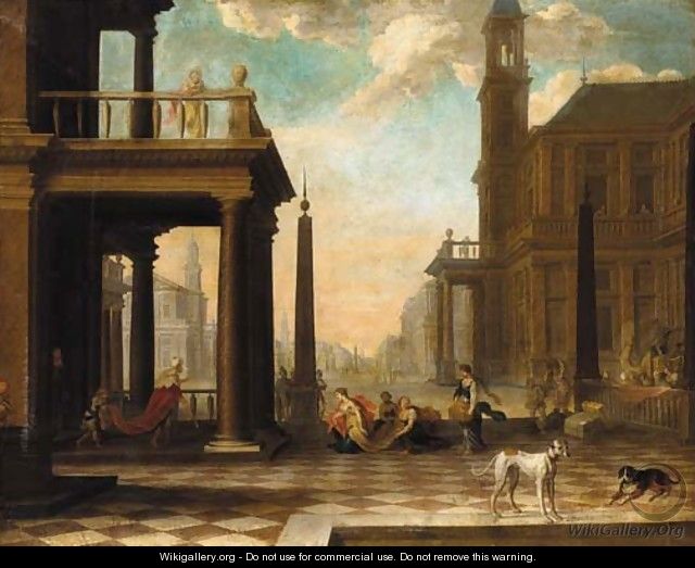 A capriccio of a classical city with Esther and Ahasuerus - (after) Dirck Van Delen