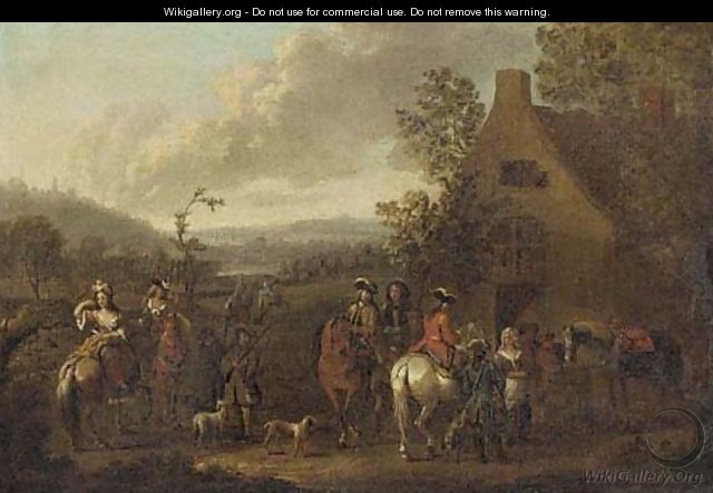 A landscape with an elegant hunting party before an inn - (after) Dirck Maas