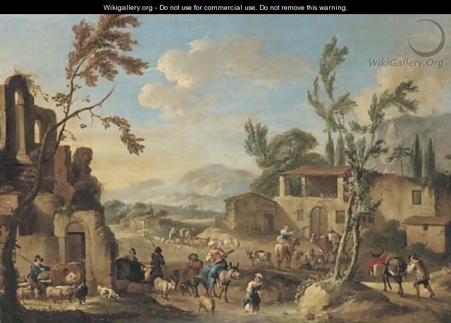 A village with peasants herding cattle, a mountainous landscape beyond - (after) Dirck Helmbreker