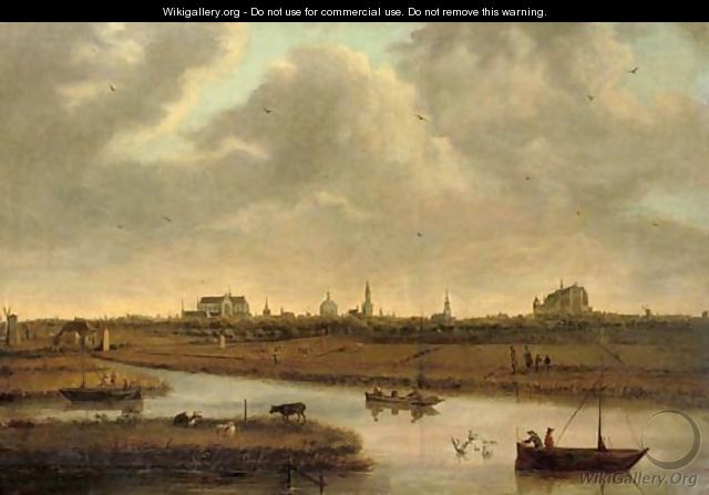A view of Leiden with figures in boats in the foreground - (after) Dionys Verburg