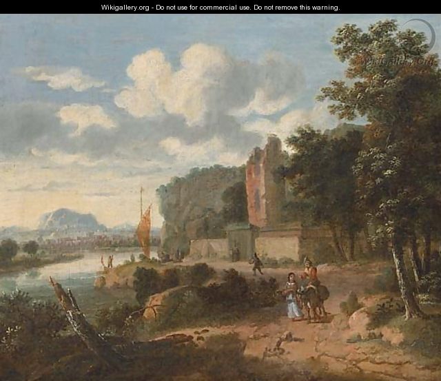 An extensive river landscape with figures on a track, ruins and a town beyond - (after) Dionys Verbrugh