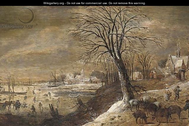 A winter landscape with herders and other figures, skaters on a frozen river beyond - (after) Denys Van Alsloot