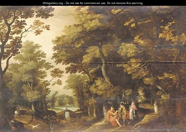 A wooded landscape with Saint John the Baptist in the wilderness - (after) David Vinckboons