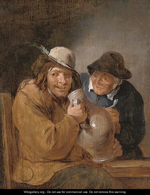 Two peasants smoking and drinking in an interior - (after) David The Younger Teniers