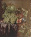 Grapes, figs, an acorn and a drape on a ledge - (after) Edward Ladell