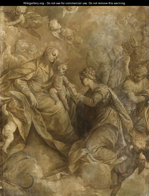 The Mystic Marriage of Saint Catherine of Alexandria, with angels and cherubim, en grisaille - (after) Donato Creti