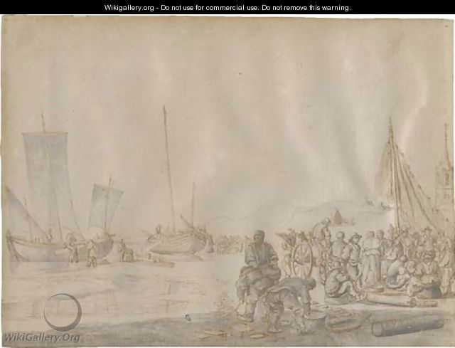 Fishermen on the shore, ships beached beyond - (after) Esaias Van Den Velde