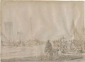 Fishermen on the shore, ships beached beyond - (after) Esaias Van Den Velde