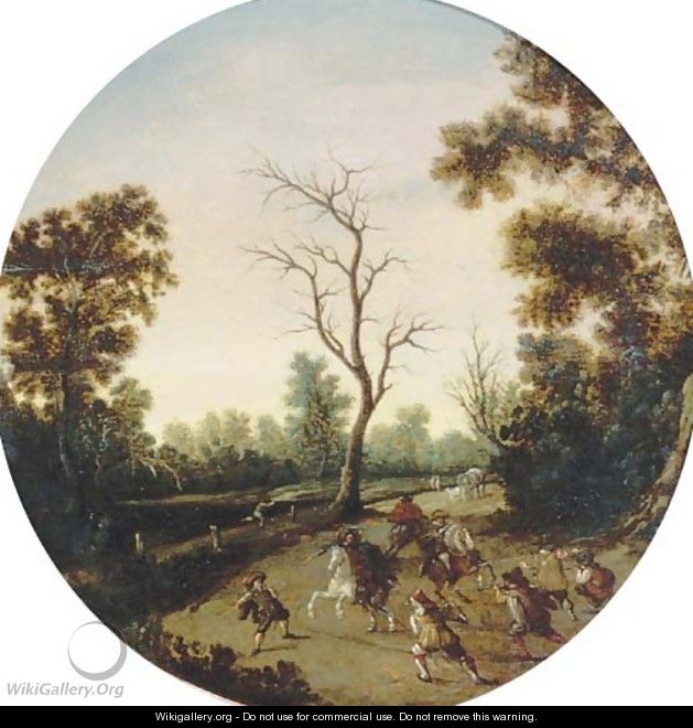 A wooded landscape with an ambush, a horse-drawn cart beyond 2 - (after) Esaias Van De Velde