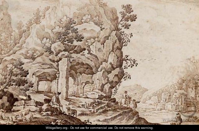 A capriccio landscape with a shepherd and his herd - (after) Ercole Bazzicaluva