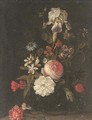 Carnations, narcissi, roses, an iris and other flowers in a glass vase on a ledge - (after) Elias Van Den Broeck