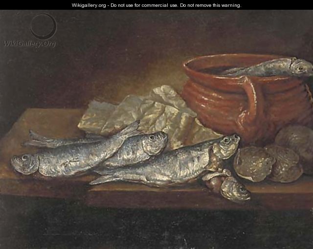 Herrings, oysters and an earthenware dish on a ledge - (after) Elena Recco