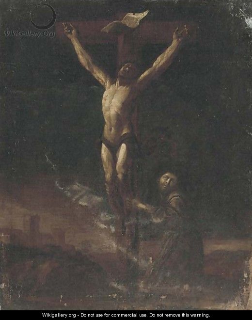 The Crucifixion with Saint Francis in adoration - (after) Francesco Del Cairo