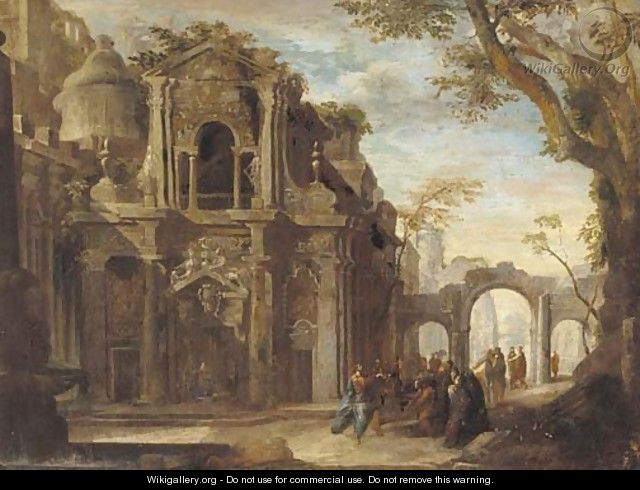 An architectural capriccio with Christ healing the sick - (after) Francesco Battaglioli