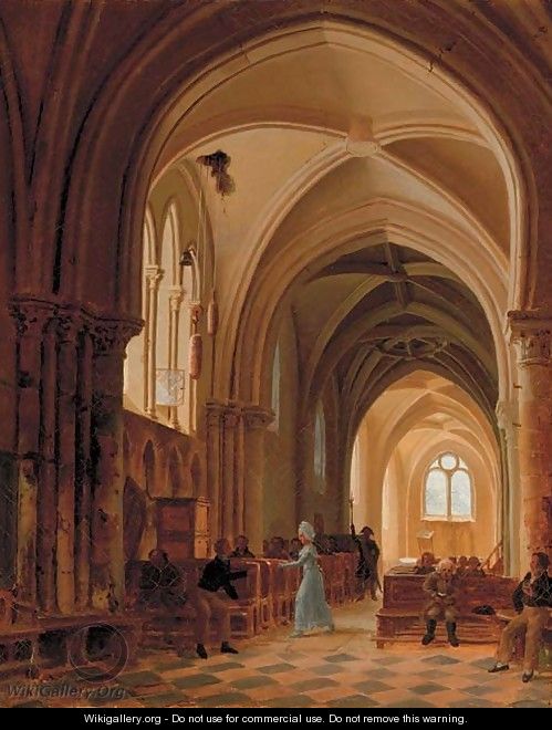 In a sunlit church - (after) Francois Marius Granet