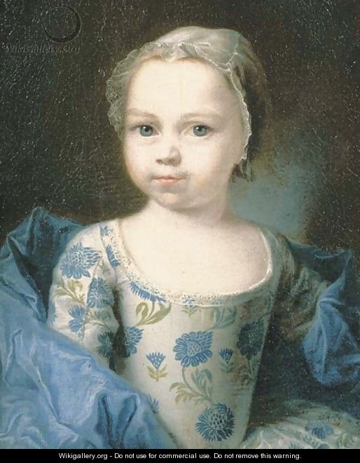 Portrait of a young girl, small half-length, in a white silk dress with a blue floral pattern and a blue silk shawl, with a lace headdress - (attr. to) Drouais, Francois-Hubert