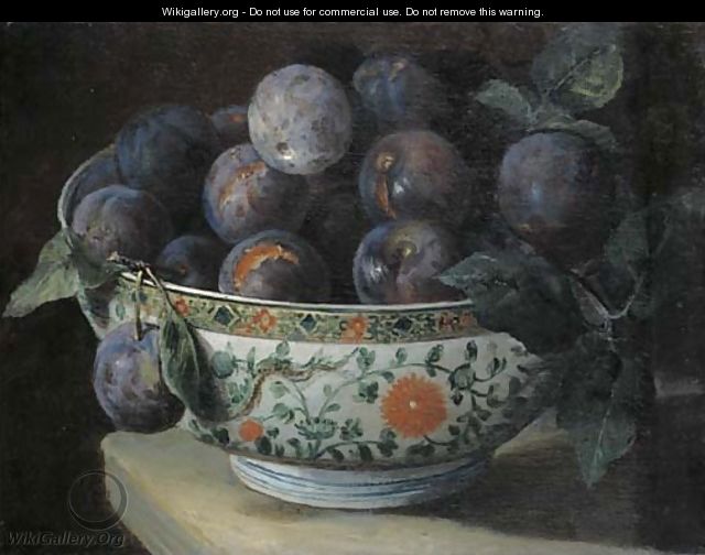 Plums in a Chinese porcelain bowl on a table ledge - (after) Alexandre-Francois Desportes