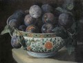 Plums in a Chinese porcelain bowl on a table ledge - (after) Alexandre-Francois Desportes