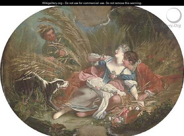A wheat field with an amorous couple, surprised by a voyeur - (after) Francois Boucher