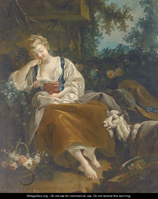 A shepherdess resting in a wooded clearing with a basket of mixed flowers and a goat nearby - (after) Francois Boucher