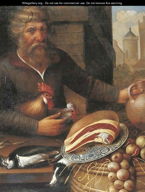 A peasant selling ham, onions and poultry at a market - (after) Floris Gerritsz. Van Schooten