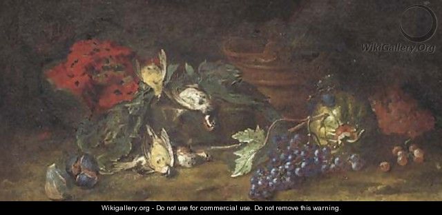 A watermelon, figs, dead birds and grapes on the vine in a clearing - (after) Felice Rubbiani