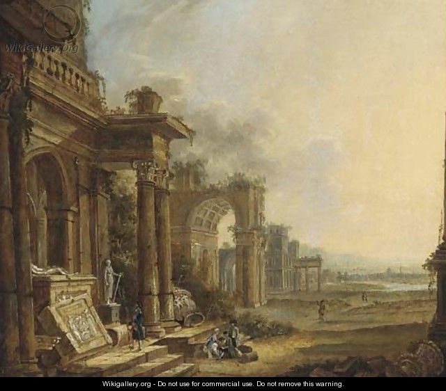 An architectural capriccio of classical ruins with travellers in the foreground - (after) Christian Stocklin