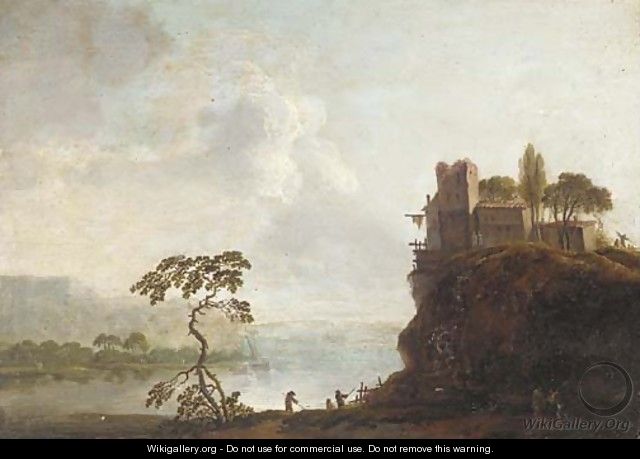 A river landscape with a hilltop village and anglers in the foreground - (after) Christian Hilfgott Brand