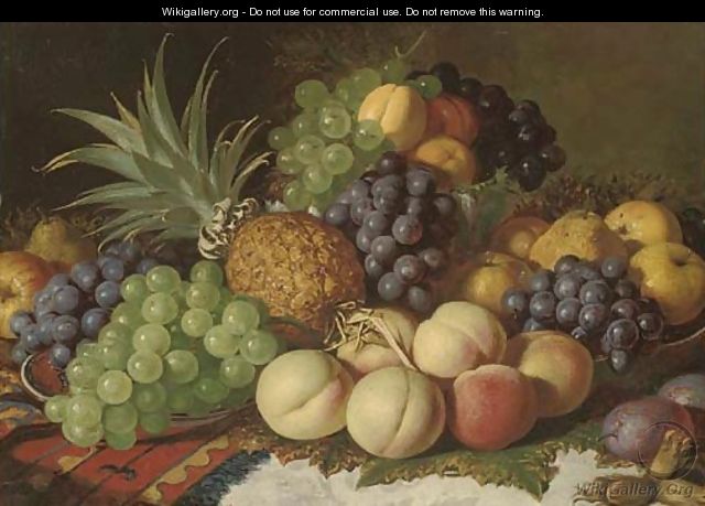 Grapes, peaches, pears, plums, apples, and a pineapple, on a ledge - (after) Charles Thomas Bale