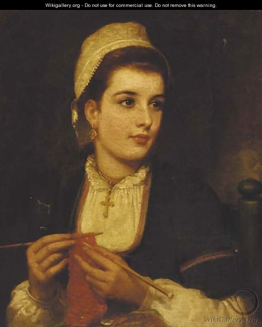 A young lady knitting in an interior - (after) Charles Sillem Lidderdale