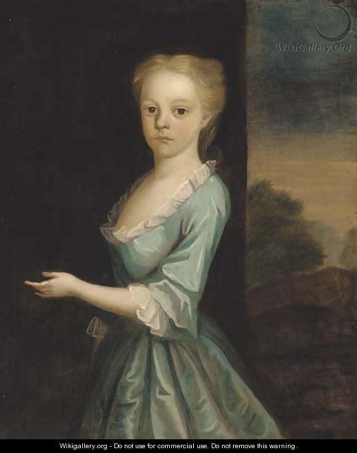 Portrait of a girl, standing three-quarter-length, in a turquoise dress, a landscape beyond - (attr. to) Jervas, Charles