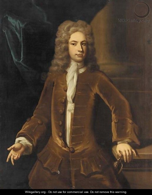 Portrait of a gentleman, three-quarter-length, in a brown coat, his left hand resting on a plinth, before a column - (attr. to) Jervas, Charles