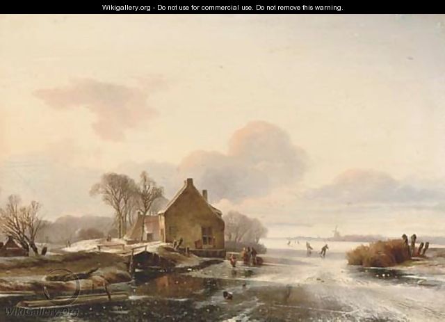 Skaters by a cottage in a Dutch winter landscape - (after) Charles Henri Joseph Leickert