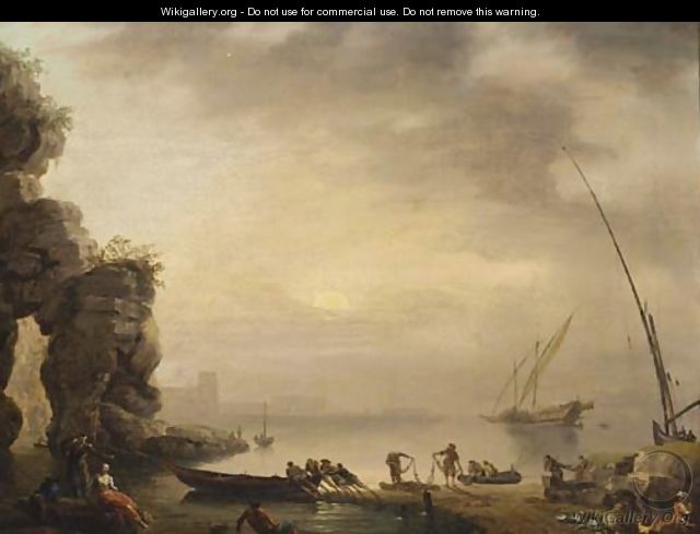 A Mediterranean coastline with fisherfolk on the shore - (after) Claude-Joseph Vernet