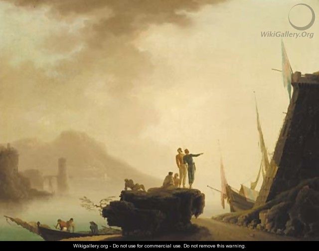 A Mediterranean coastal inlet with fisherfolk on a shoreline - (after) Claude-Joseph Vernet
