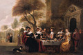Elegant company at a table on a terrace by a classical portico - (after) Christoph Jacobsz. Van Der Lamen