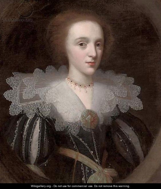 Portrait of a lady, half-length, in a black and white slashed dress with a lace collar, and green and gold embroidered rosette and sash - (after) Johnson, Cornelius I
