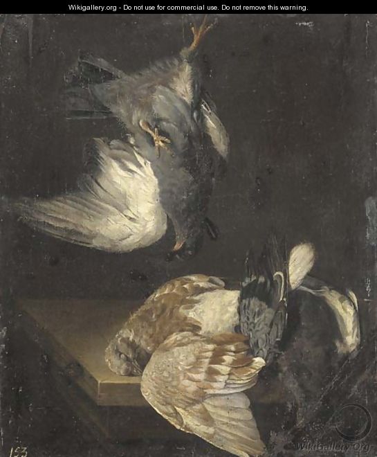 A dead pigeon suspended from a nail above pigeons on a ledge - (after) Cornelis Van Lelienbergh