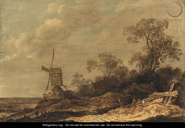 A dune landscape with figures conversing by a fence, a windmill and cottages beyond - (after) Cornelis Symonsz. Van Der Schalcke