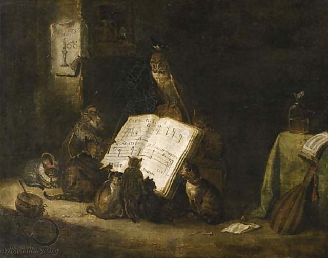 Cats singing from a music score with a monkey and an owl seated nearby, in an interior - (after) Cornelis Saftleven