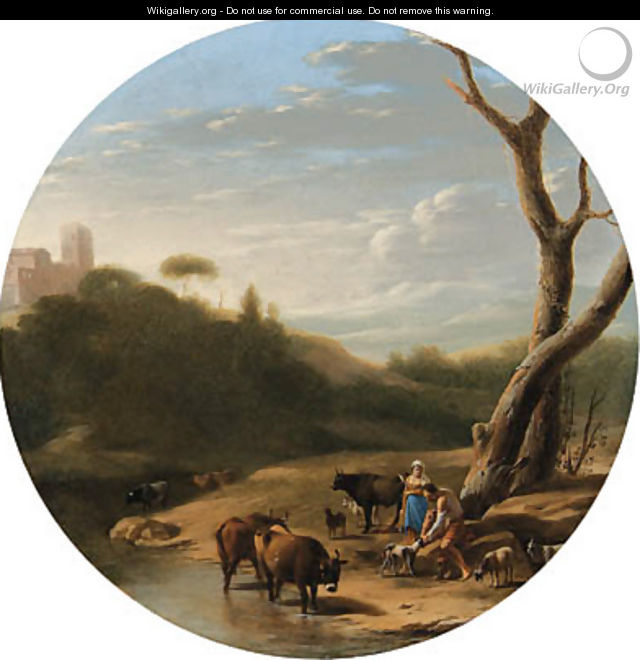An Italianate wooded landscape with a herdsman and a shepherdess, cattle and goats watering at a stream - (after) Cornelis Poelenburgh