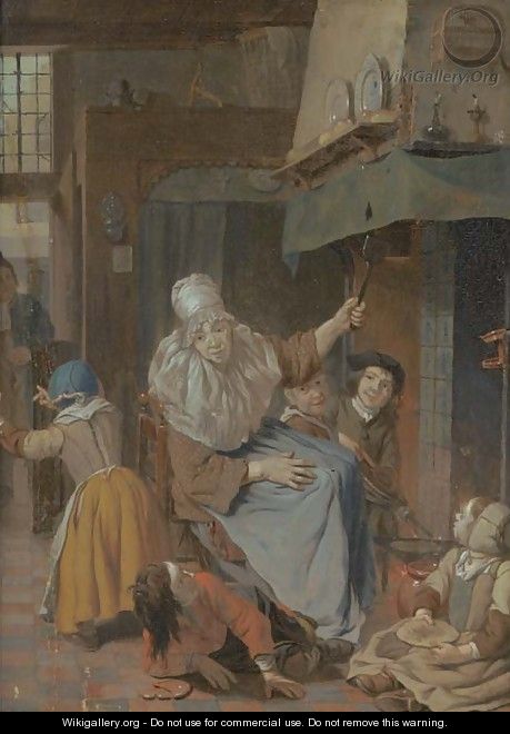 An interior with a mother scolding her children - (after) Cornelis (Pietersz.) Bega