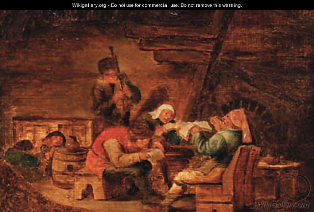 Peasants making music in a cottage - (after) Cornelis Dusart