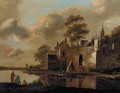 A river landscape with fishermen on a bank and a ferry arriving at a fortified village - (after) Cornelius Decker