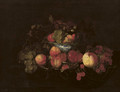 A silver plate with peaches and cherries - (after) Cornelis De Heem