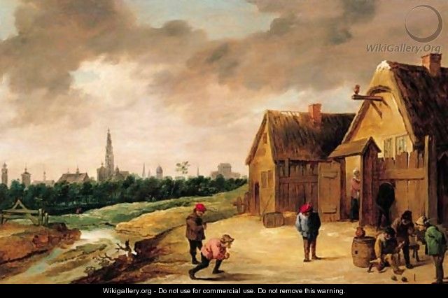 Peasants playing skittles beside a stream outside an inn, a view of Antwerp beyond - (after) David The Younger Teniers